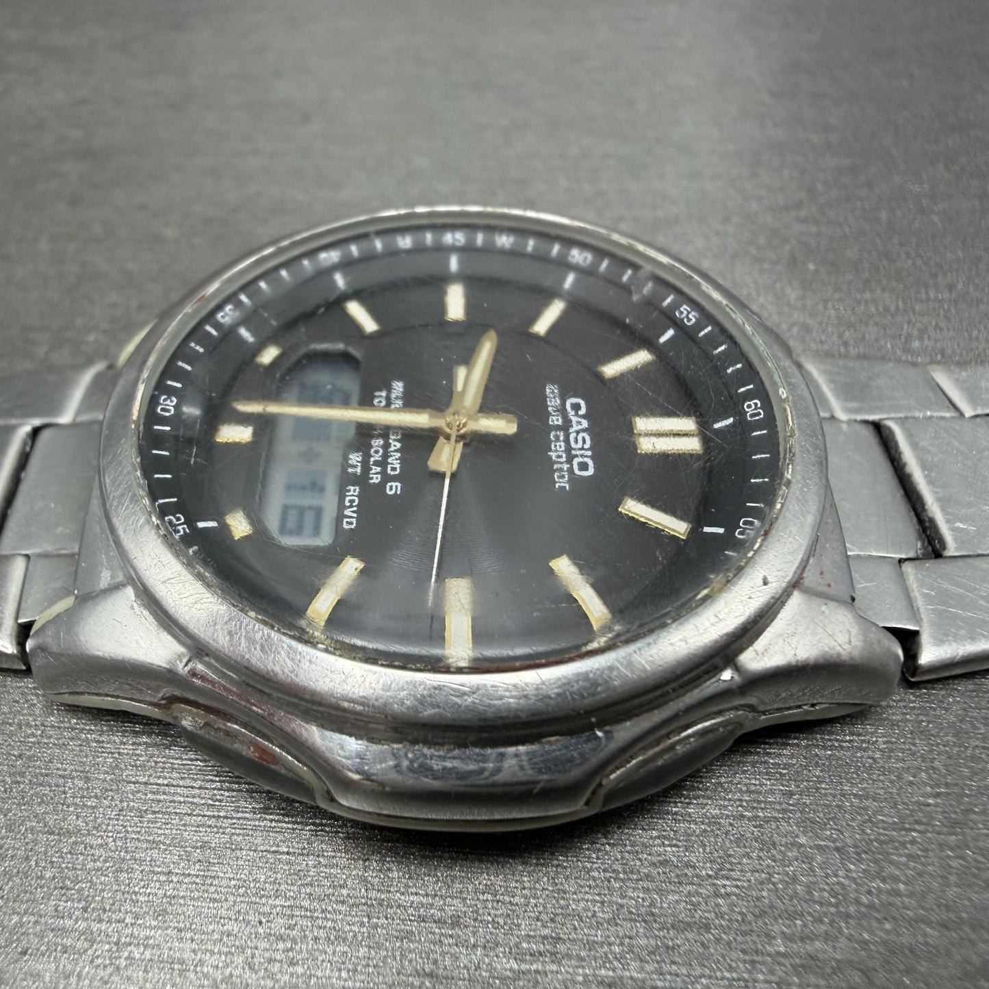 Casio Wave Ceptor  Watch Men 42mm Black Dial Steel Analog Digital Solar READ!!!!3