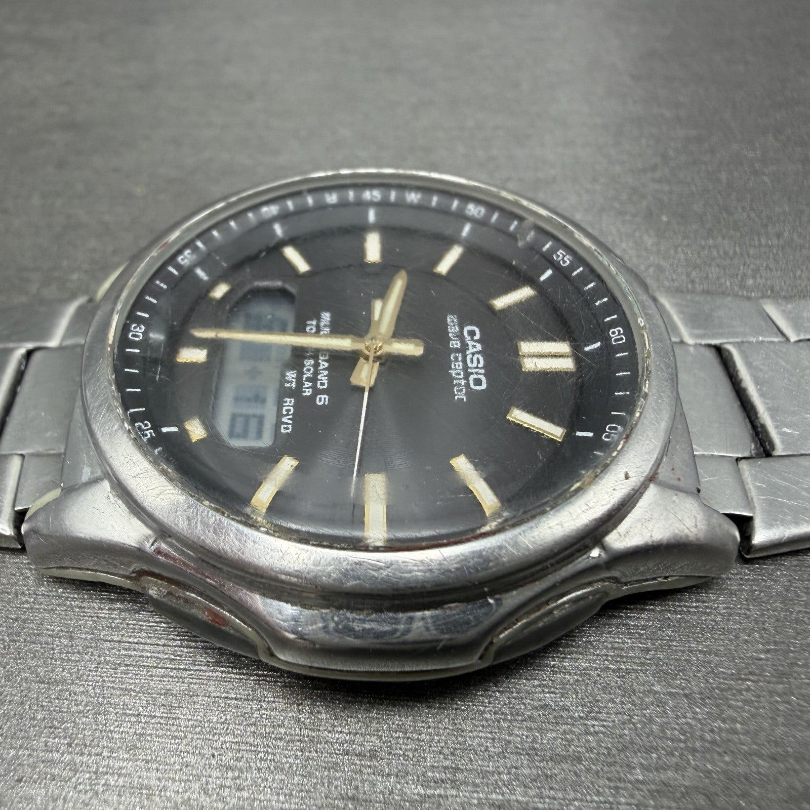 Casio Wave Ceptor  Watch Men 42mm Black Dial Steel Analog Digital Solar READ!!!!3