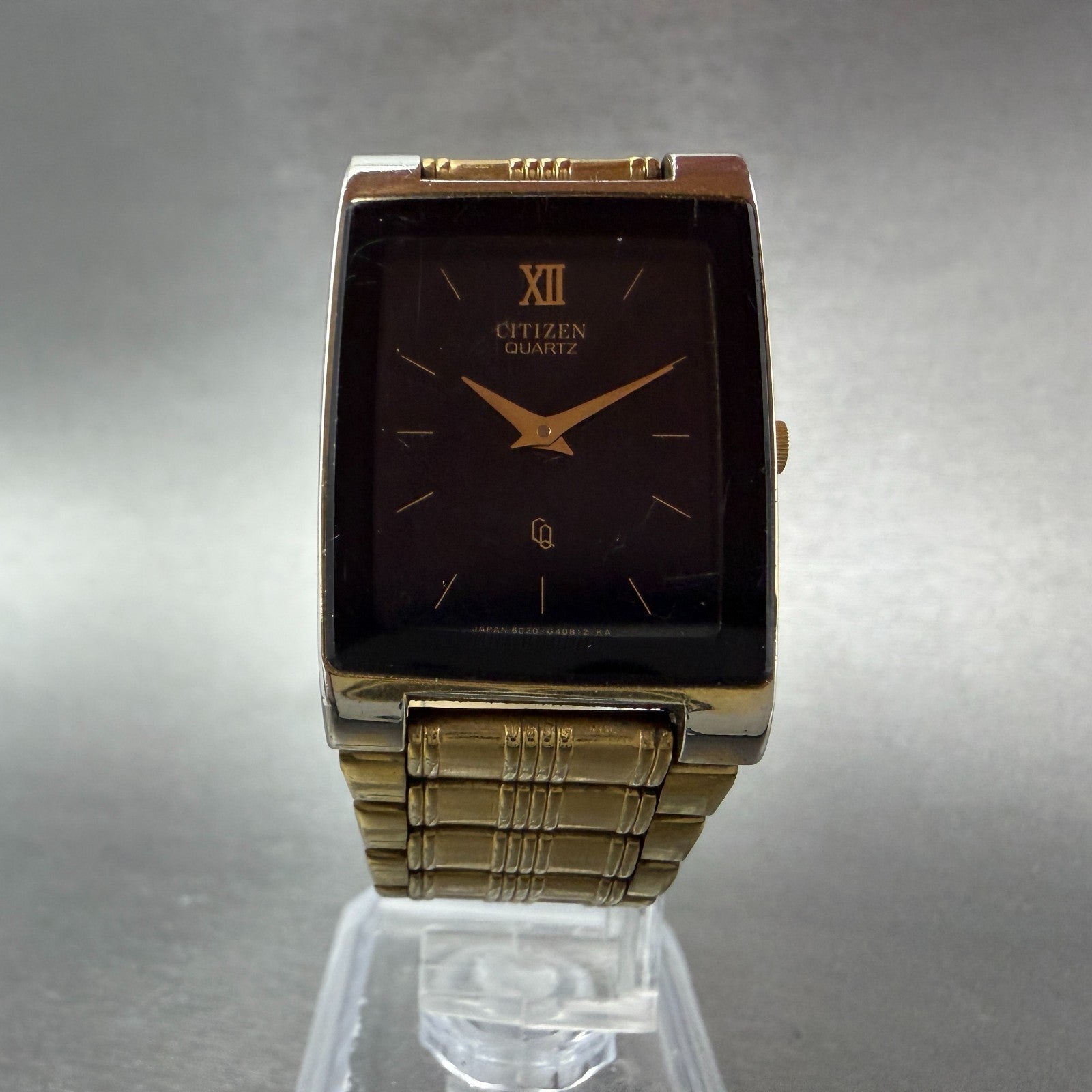 Citizen CQ Tank Watch Men 25mm Black Dial Gold Tone 6020-G08334 New Battery VTG5