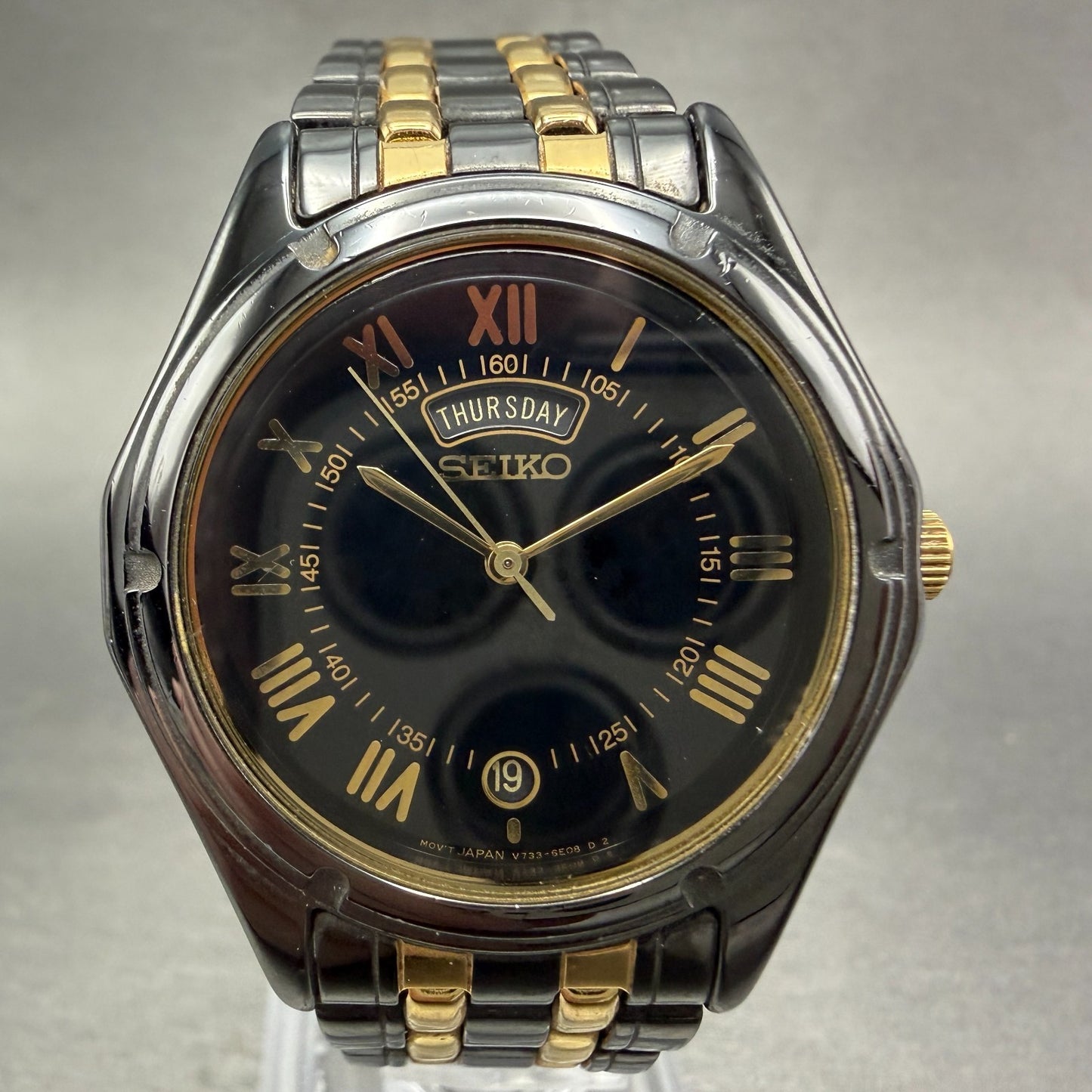Seiko Watch Men 35mm Black Dial Black & Gold Tone Daydate V733-6C49 New Battery20