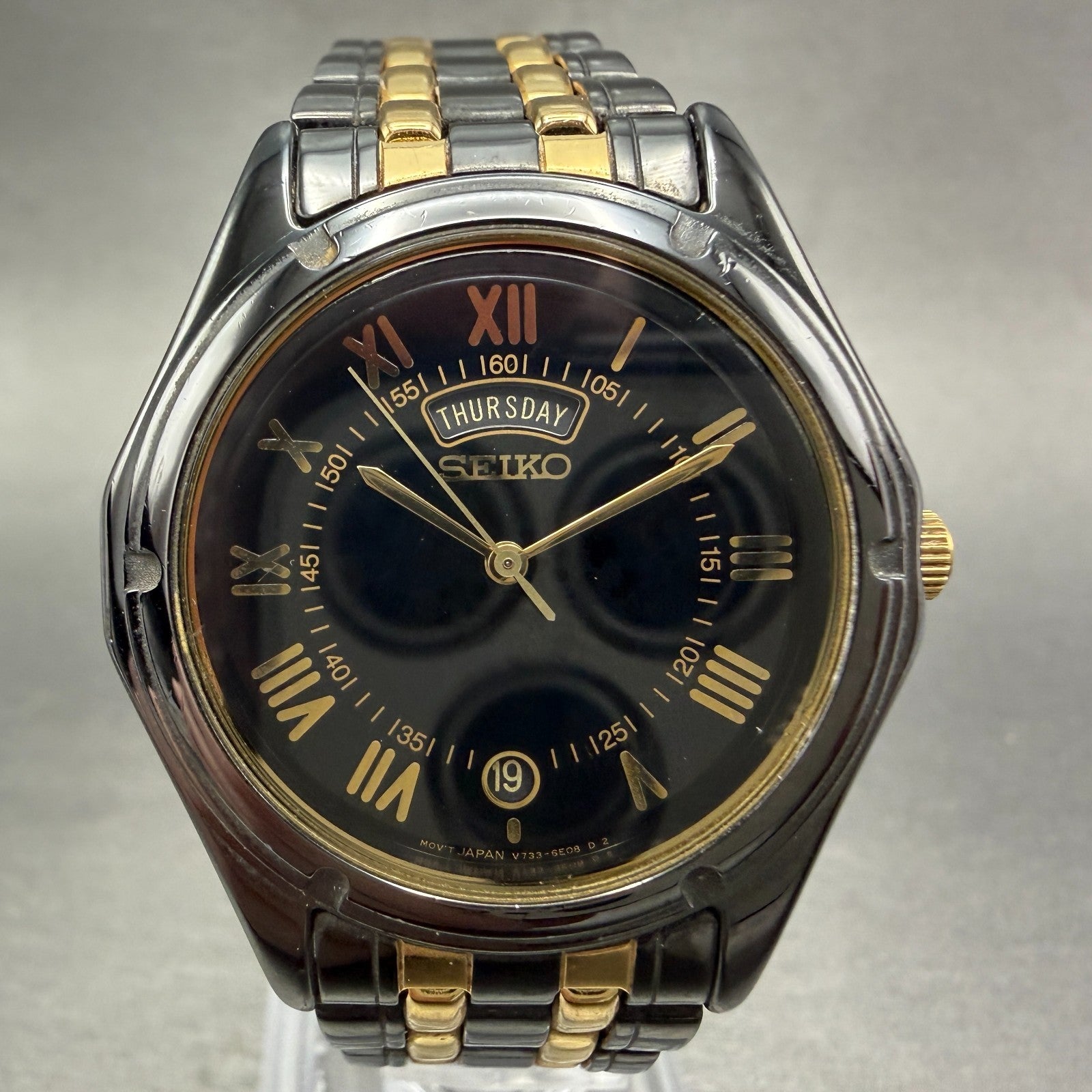 Seiko Watch Men 35mm Black Dial Black & Gold Tone Daydate V733-6C49 New Battery20