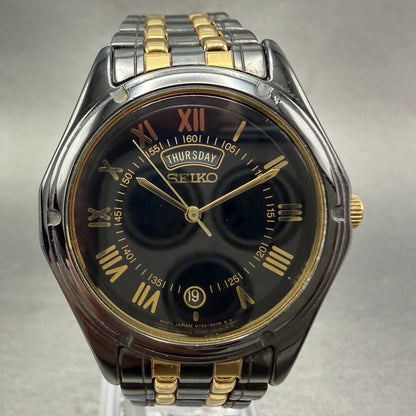 Seiko Watch Men 35mm Black Dial Black & Gold Tone Daydate V733-6C49 New Battery20