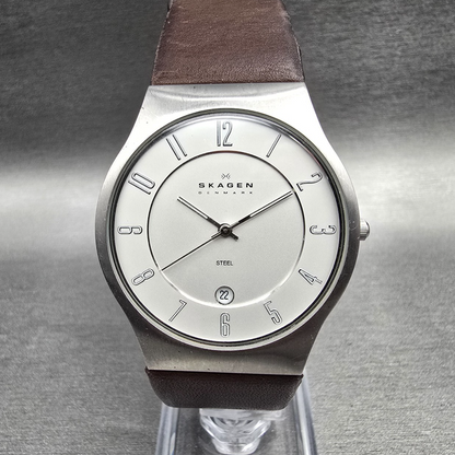 Skagen Grenen Watch Men 42mm Silver Dial Silver Tone Date 233XXLSL New Battery0