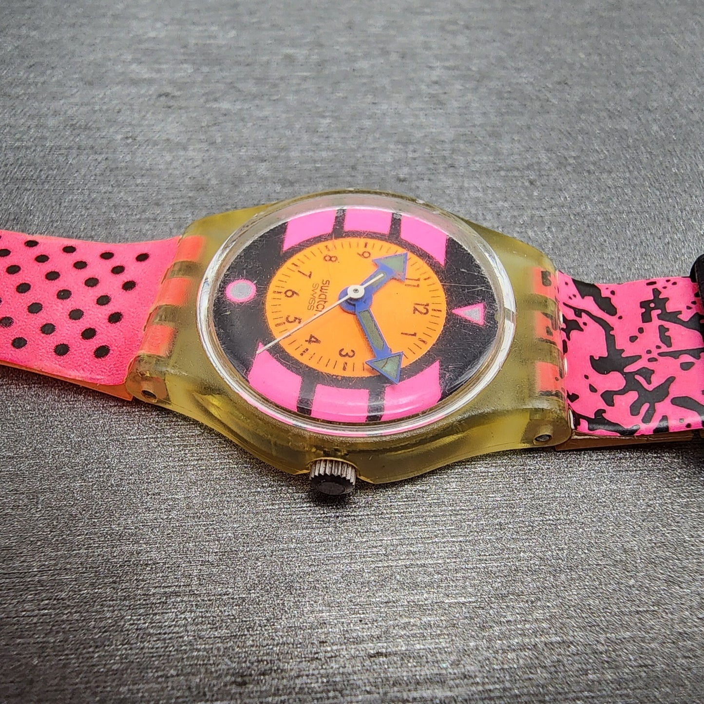 Swatch lady Pink Betty Watch Women 25mm Pink Dial Clear Case Round BROKEN BAND3