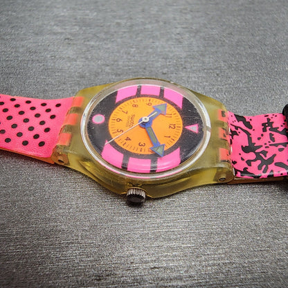 Swatch lady Pink Betty Watch Women 25mm Pink Dial Clear Case Round BROKEN BAND3