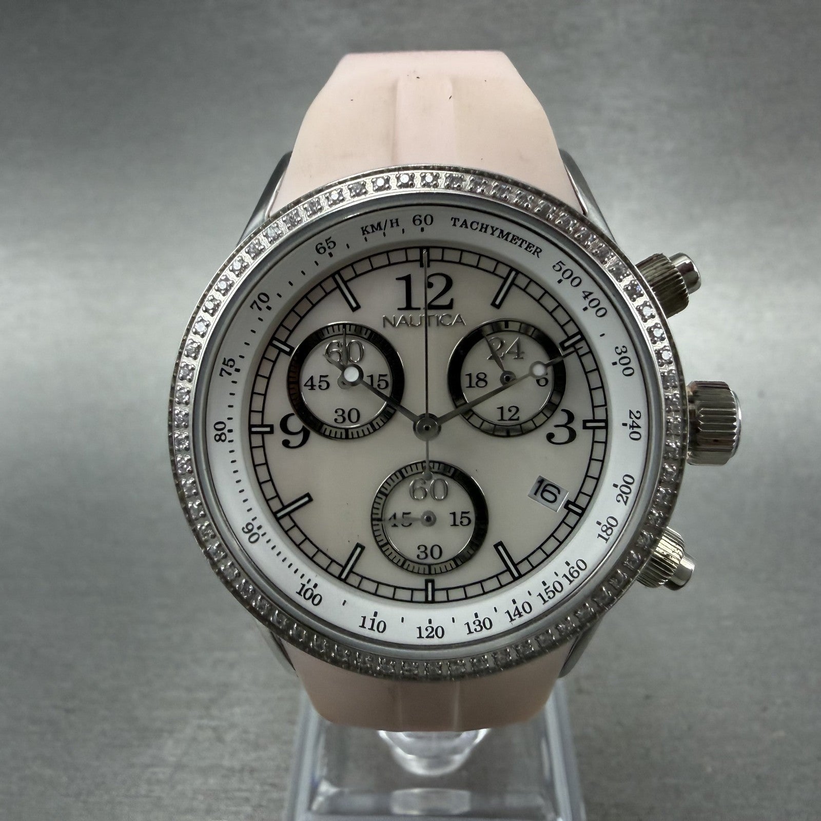 Nautica Chronograph Watch Women 35mm MOP Dial Steel Diamond Bezel New Battery0