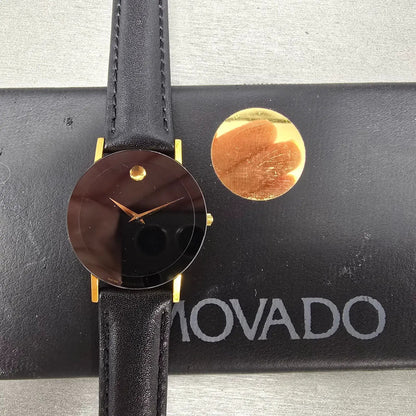 Movado Museum 31mm Watch Men Black Dial Gold Tone Round 87-40-882 New Battery0