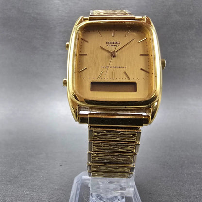 Seiko Ana Digi Watch Men 29mm Gold Dial Gold Tone Rectangle H601-5430 PARTS VTG6