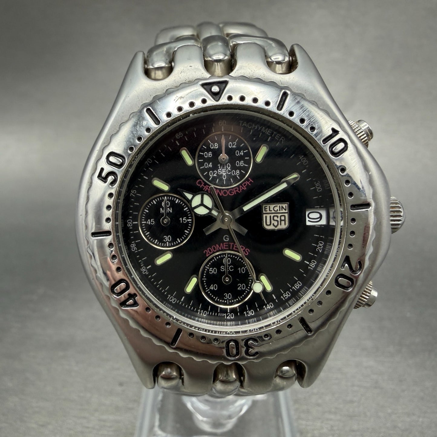 Elgin Chronograph Watch Men 39mm Black Dial Silver Tone Round FK-667 New Battery0