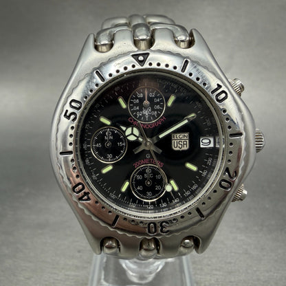 Elgin Chronograph Watch Men 39mm Black Dial Silver Tone Round FK-667 New Battery0