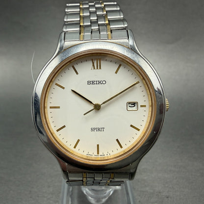 Seiko Spirit Watch Men 34mm White Dial Two Tone Date 7N22-6A80 New Battery0