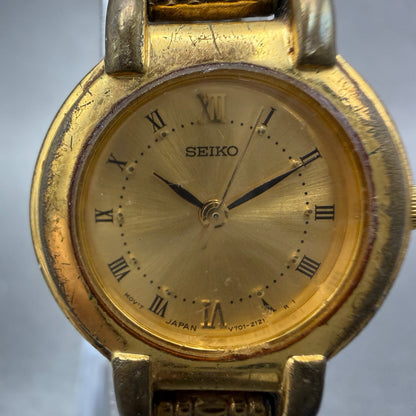 Seiko Watch Women 24mm Champagne Dial Gold Tone Round V701-1781 New Battery1
