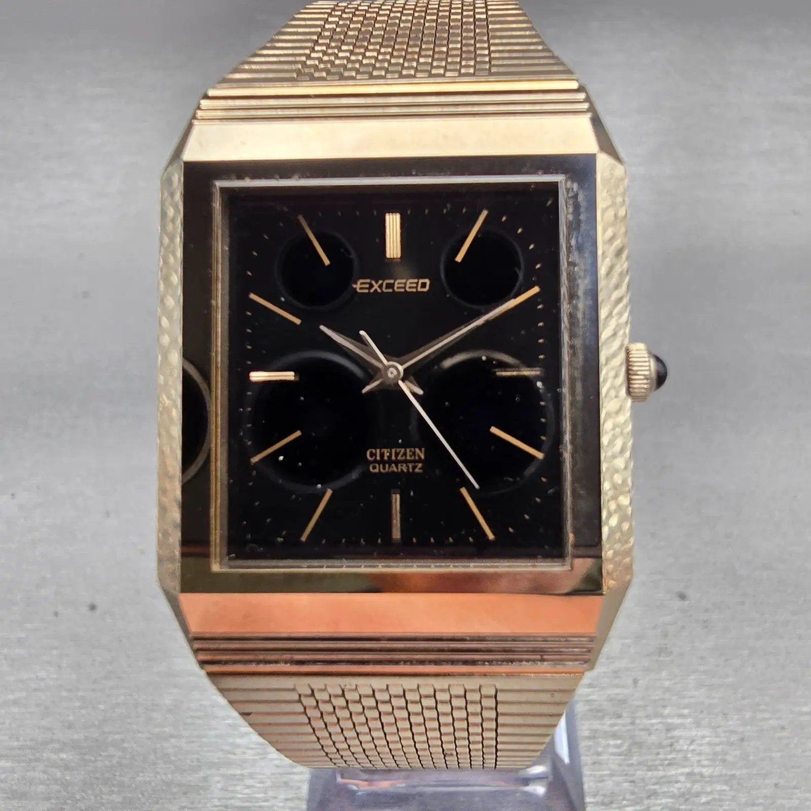 Citizen Exceed Watch Men 27mm Black Dial Gold Tone Rectangle 4-795725 New Batt0