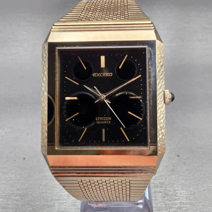 Citizen Exceed Watch Men 27mm Black Dial Gold Tone Rectangle 4-795725 New Batt0