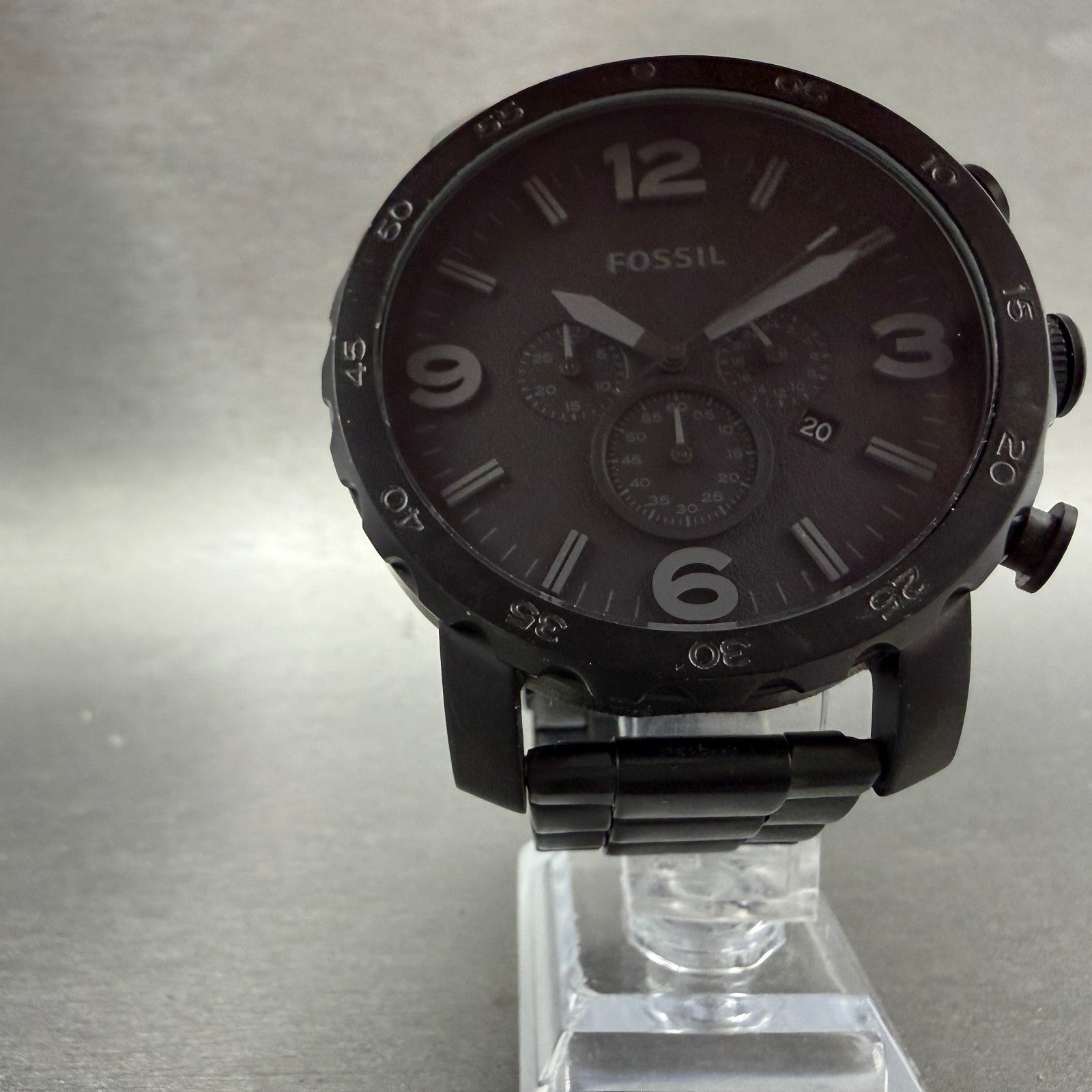 Fossil Nate Chrono Watch Men 50mm Black Dial Black Tone Date Round New Battery5