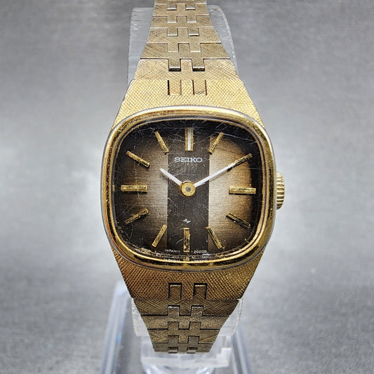 VTG Seiko Watch Women 19mm Brown Dial Gold Tone Rectangle Manual Wind Runs