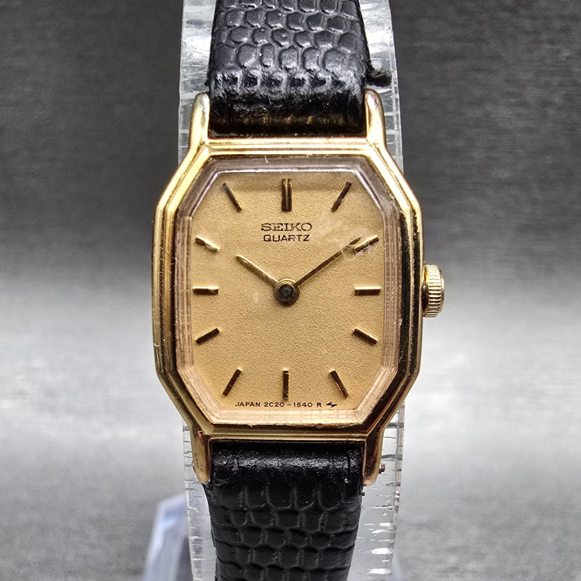 Seiko Watch Women 16mm Gold Dial Gold Tone Rectangle 2C20-5769 New Battery VTG E0