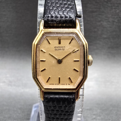 Seiko Watch Women 16mm Gold Dial Gold Tone Rectangle 2C20-5769 New Battery VTG E0
