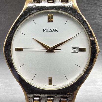 Seiko Pulsar Watch Men 35mm Silver Dial Two Tone Date Round V732-X090 New Batt1