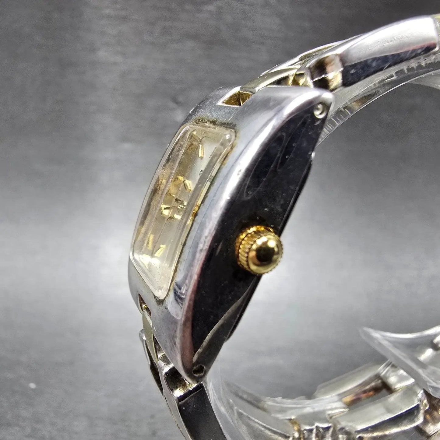 Gruen Tank Watch Women 18mm Silver Dial Two Tone Rectangle Wrap Around New Batt3