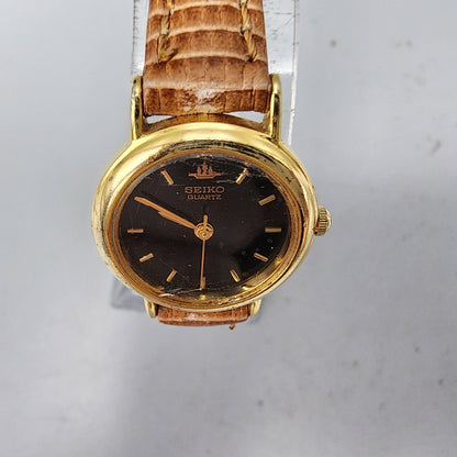 Vintage Seiko Watch Women Gold Tone Black Dial Round 1N01-0E20 New Battery