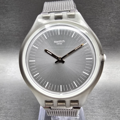 Swatch Skinmesh Watch Men 35mm Silver Dial Mesh Band Round SVOM100M New Battery0