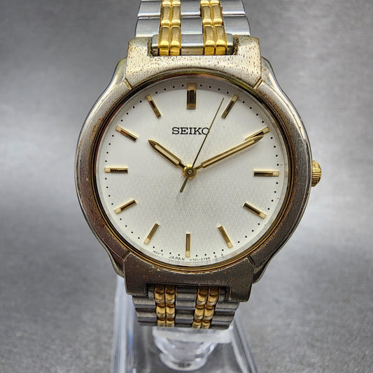 Seiko Watch Men 32mm White Dial Two Tone Round v7012b50 New Battery0