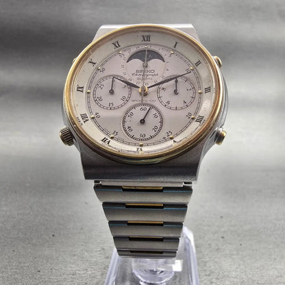 Seiko Chronograph Watch Men 39mm White Dial Two Tone Moon Phase 7A48-7009 NewBat5