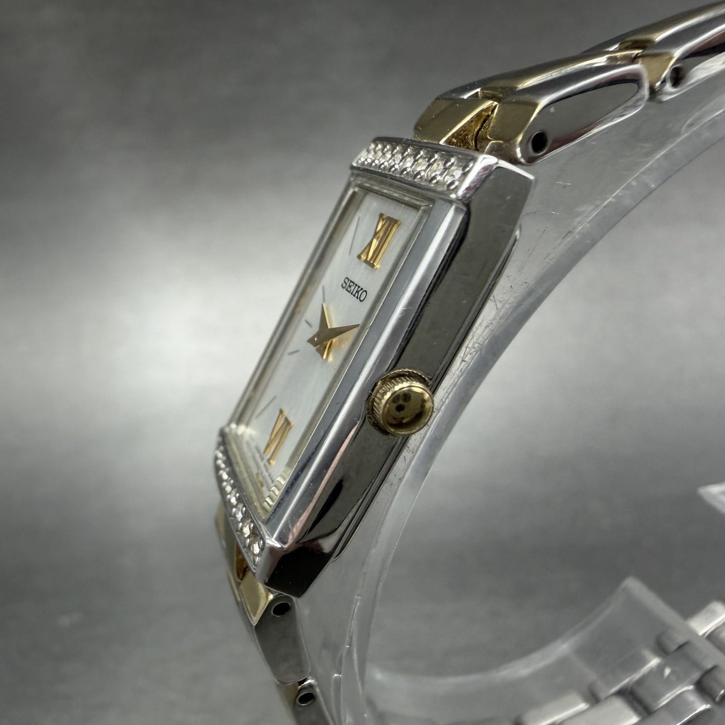 Seiko Tank Watch Women 16mm Silver Dial Two Tone Rectangle 1N00-0SG0 New Battery2