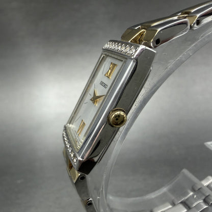 Seiko Tank Watch Women 16mm Silver Dial Two Tone Rectangle 1N00-0SG0 New Battery2