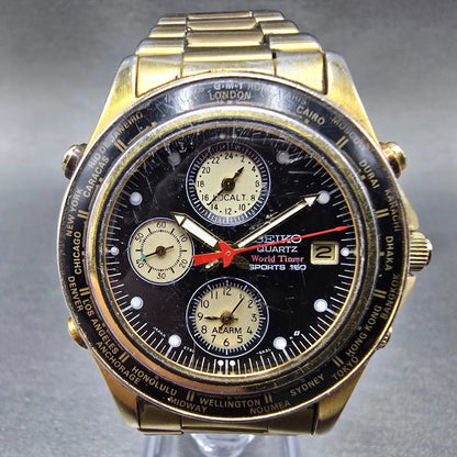 Seiko World Time Watch Men 38mm Black Dial Gold 5T52 Movement 6A40 AlarmPARTS0