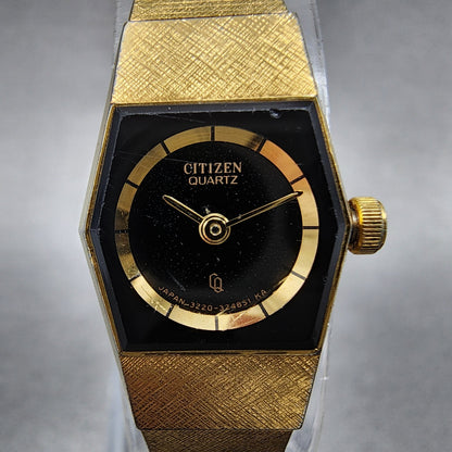 Citizen CQ Watch Women 17mm Black Dial Gold Tone Hexagon 3220322231 New Batt1