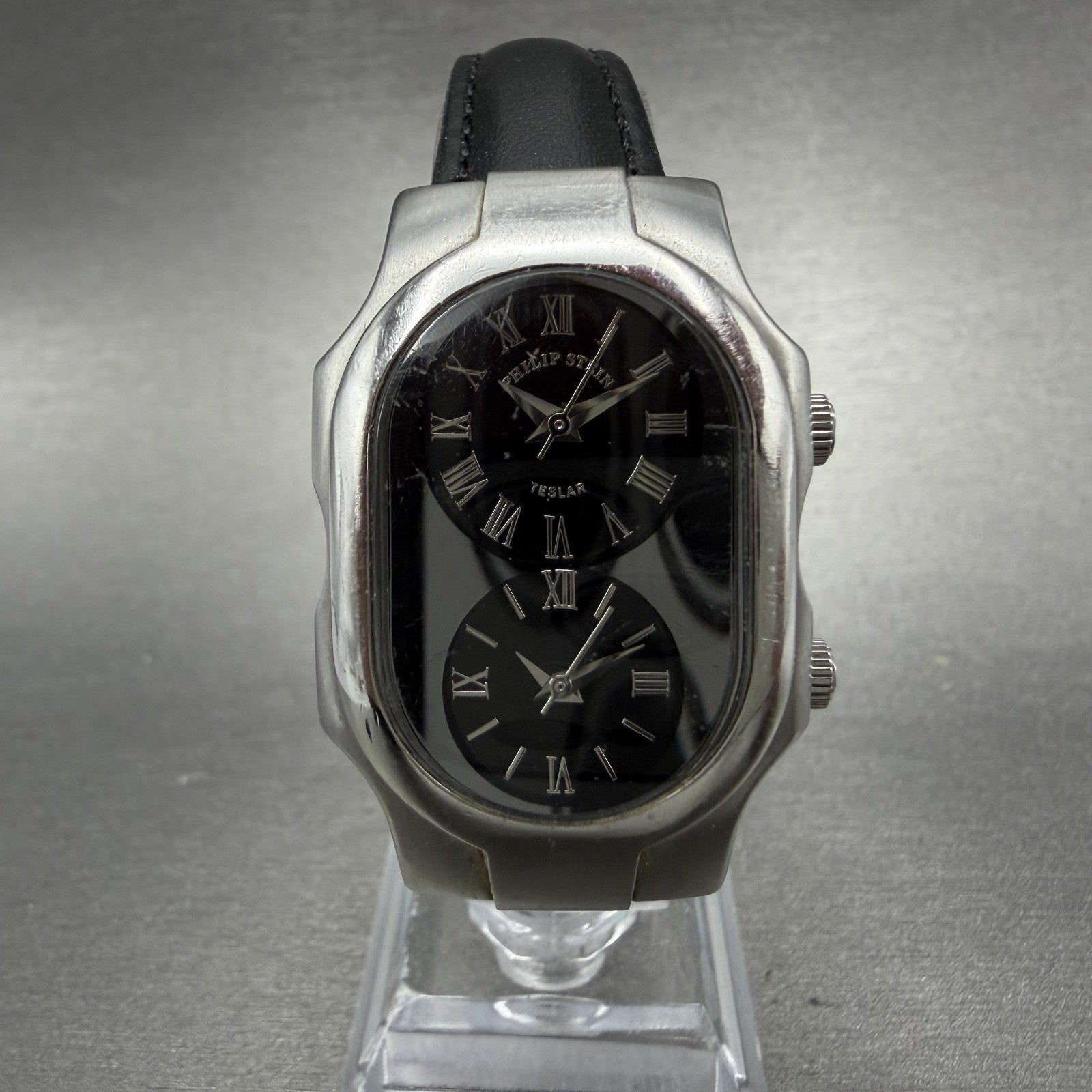 Philip Stein Teslar Watch Women 27mm Black Dial Steel Dual Time Oval New Battery0