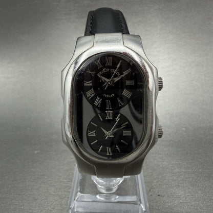 Philip Stein Teslar Watch Women 27mm Black Dial Steel Dual Time Oval New Battery0