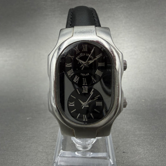 Philip Stein Teslar Watch Women 27mm Black Dial Steel Dual Time Oval New Battery0