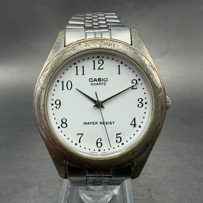 Casio Watch Men 36mm White Dial Silver Tone Round MTP-1129 New Battery Bracelet0
