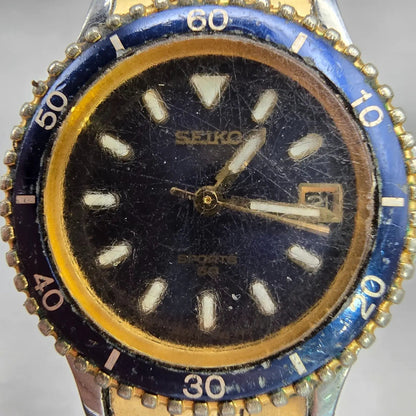 Seiko Sports 50 Watch Women 25mm Blue Dial Two Tone Date Round 7N82-0291 New Bat1