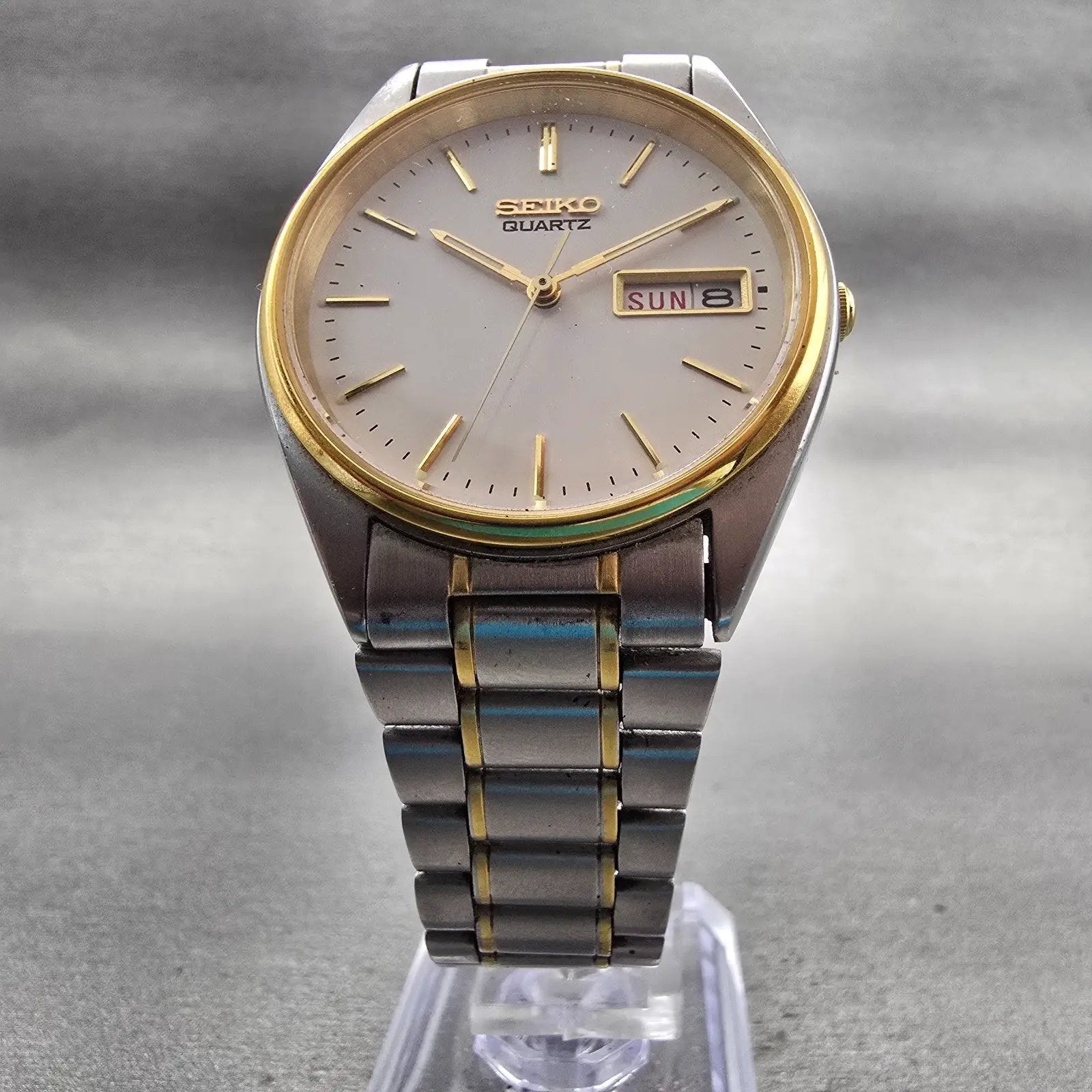 Seiko Watch Men 34mm White Dial Two Tone Daydate Round 7N43-7A50 New Battery VTG5