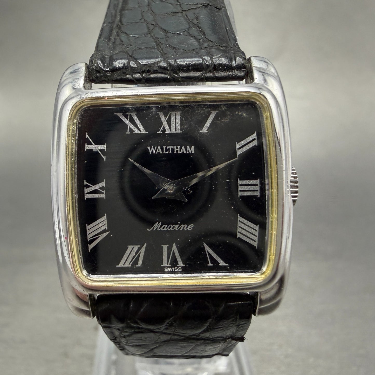 Waltham Maxine Tank Watch Women 24mm Black Dial Silver Tone Manual Wind Runs VTG0