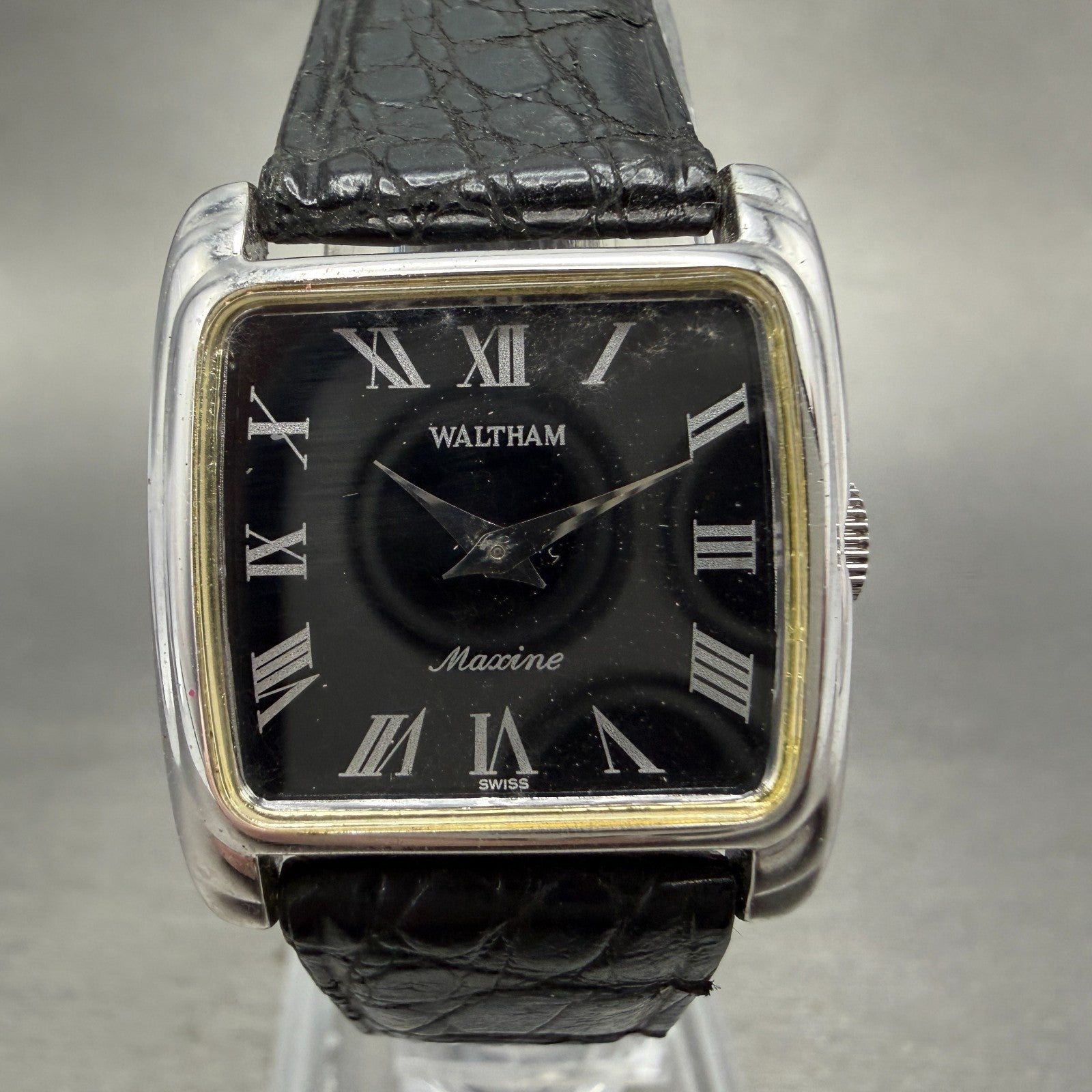 Waltham Maxine Tank Watch Women 24mm Black Dial Silver Tone Manual Wind Runs VTG0