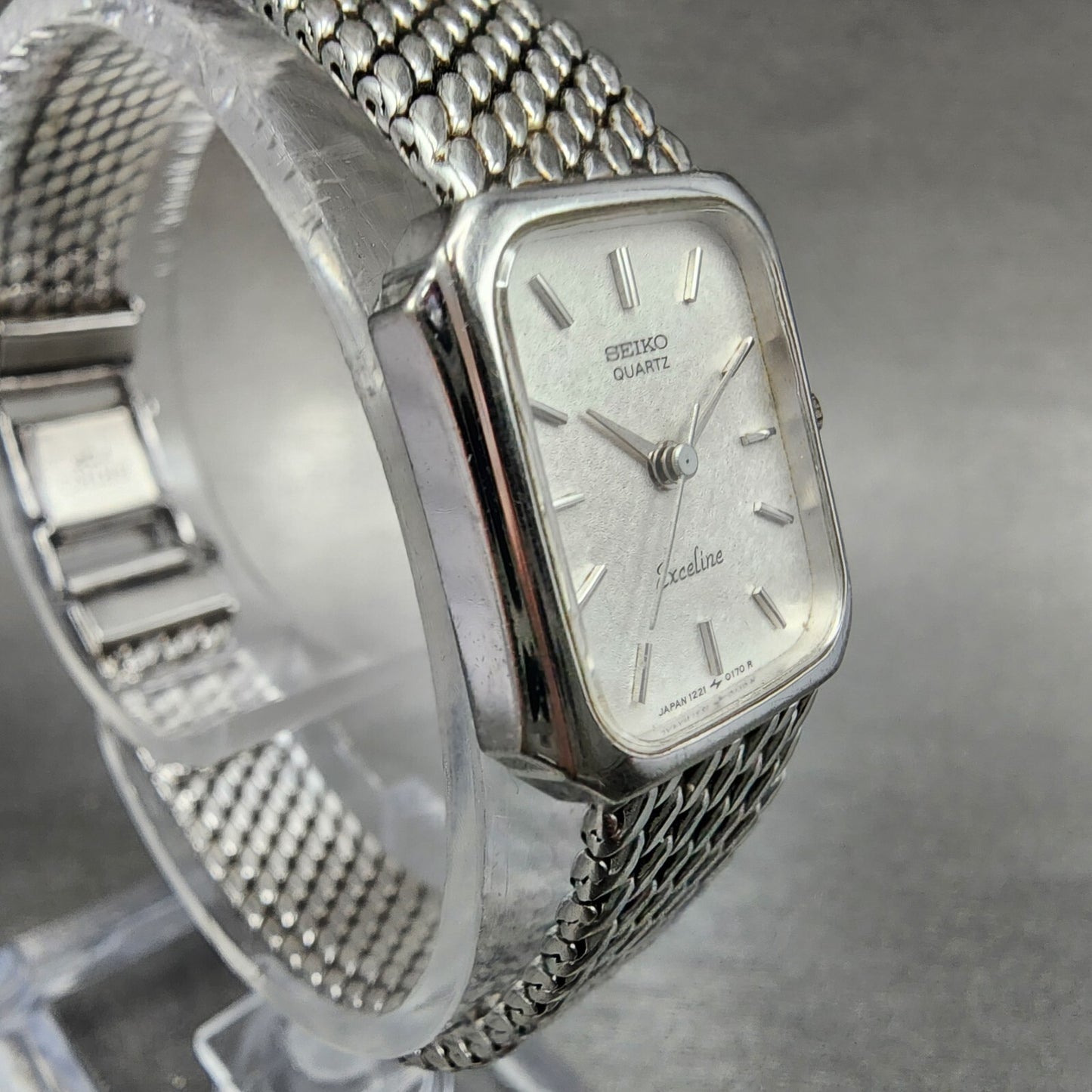 Seiko Exceline Tank Watch Women 18mm Silver Dial Silver Tone Rectangle New Batt3