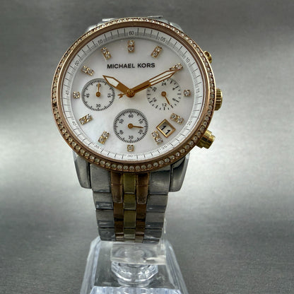Michael Kors Ritz Chronograph Watch Women 37mm MOP Dial Two Tone New Battery5