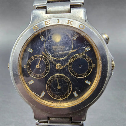 Seiko Moon Phase Watch Men 35mm Blue Dial Steel 7F33 Movement Daydate 6119 PARTS0