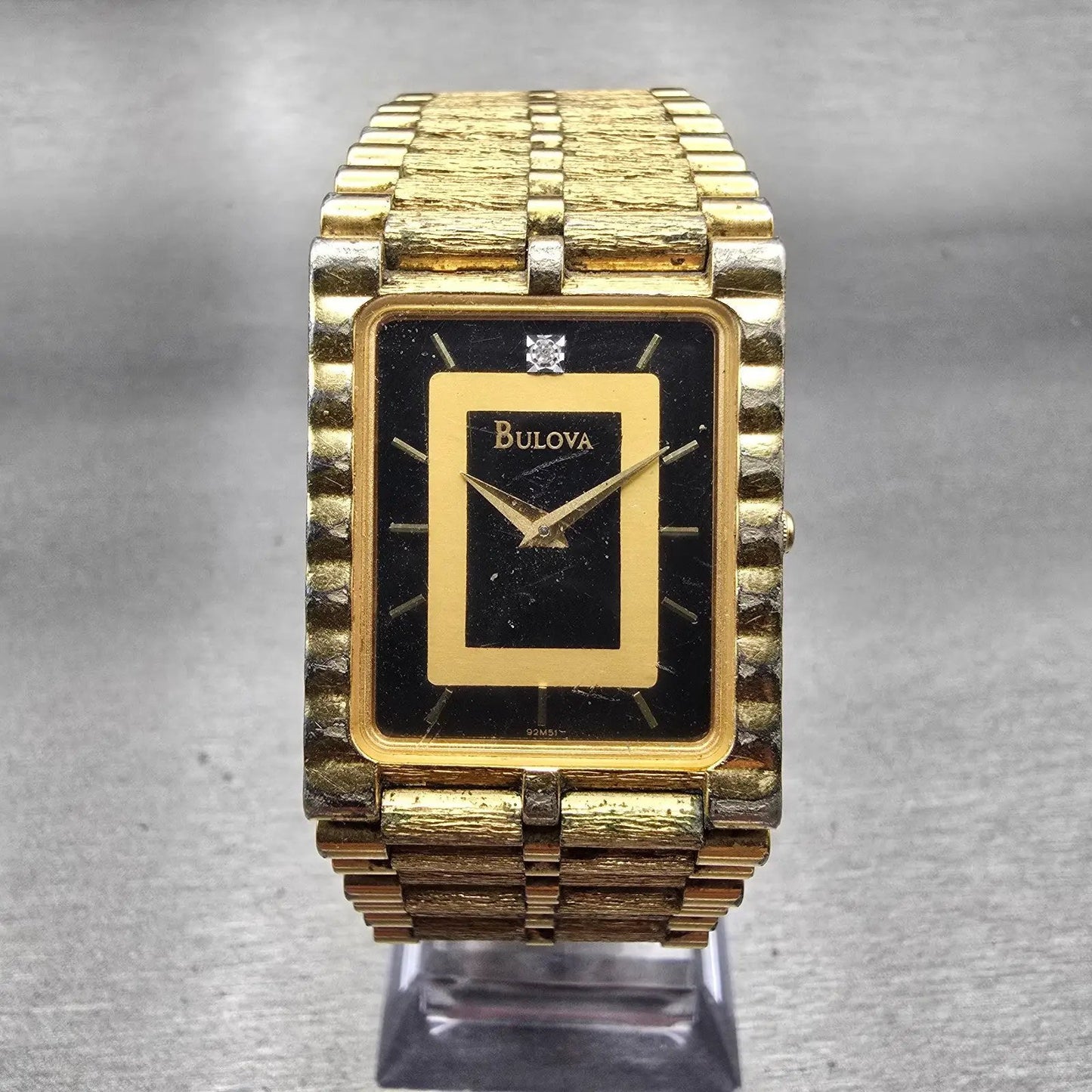 Bulova Watch Men 25mm Black Dial Gold Tone Diamond Rectangle 92M51 New Battery0