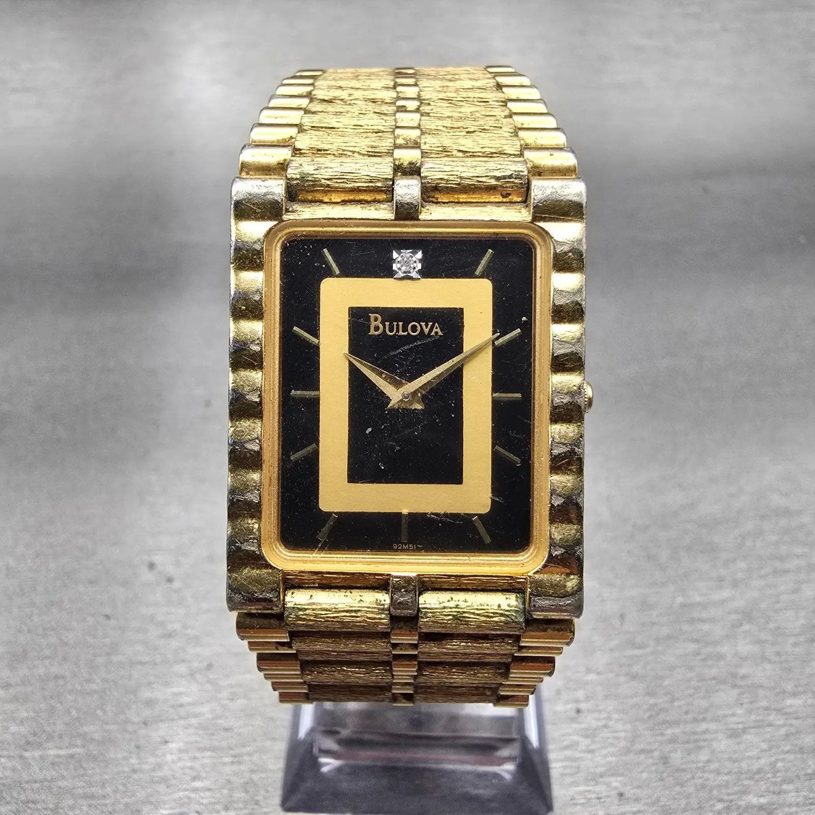 Bulova Watch Men 25mm Black Dial Gold Tone Diamond Rectangle 92M51 New Battery0