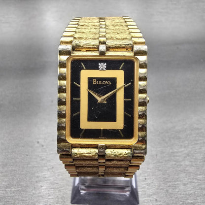 Bulova Watch Men 25mm Black Dial Gold Tone Diamond Rectangle 92M51 New Battery0