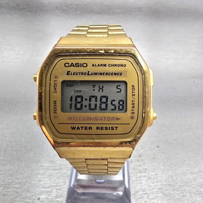 Casio A168 Digital Watch Men 35mm Gold Dial Gold Tone Chrono Alarm New Battery0