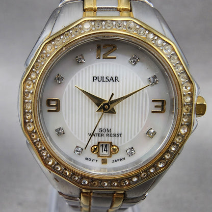 Seiko Pulsar Watch Women 27mm White Dial Two Tone Date VX82X488 New Battery1
