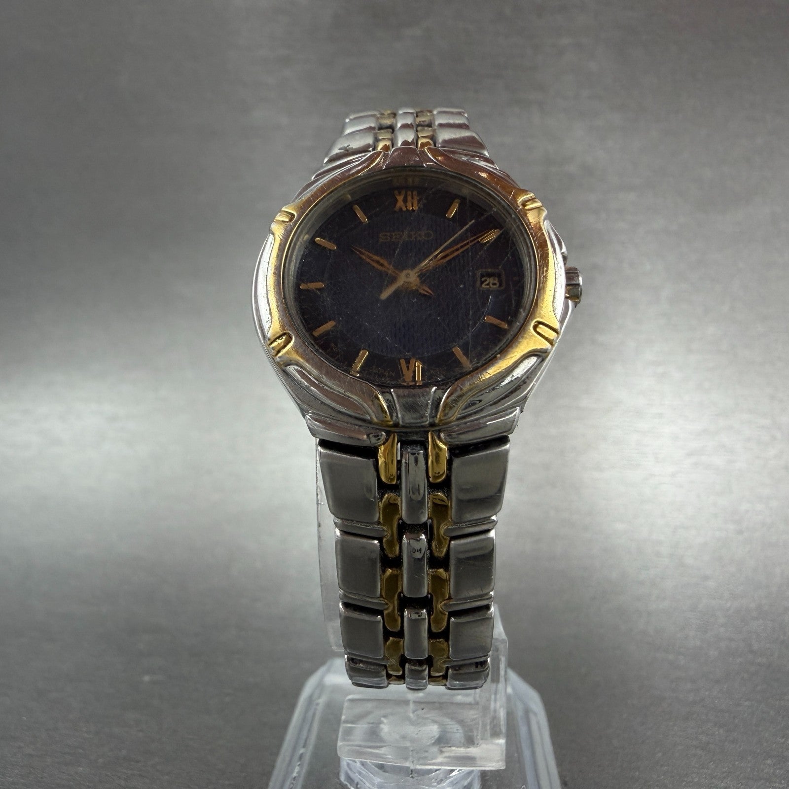 Seiko Watch Women 26mm Blue Dial Two Tone Date Round 7n82-0at0 New Battery VTG5