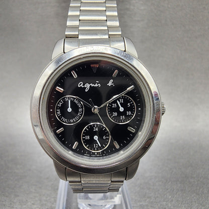 Seiko Agnes B Watch Women 33mm Black Dial Steel Daydate Round V33J0010 New Batt0